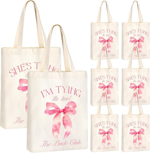 Aliceset 8 Pieces Bridesmaid Tote Bags Reusable Canvas for Bachelorette Bridesmaid Gift Bags Bridal Shower Tote(Pink,tying the knot) in Kuwait