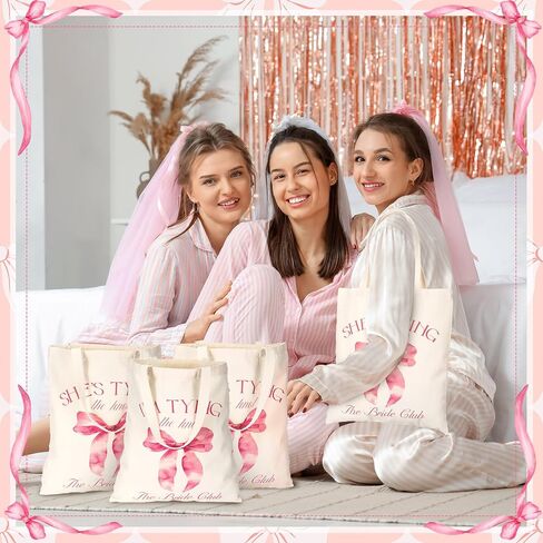 Aliceset 8 Pieces Bridesmaid Tote Bags Reusable Canvas for Bachelorette Bridesmaid Gift Bags Bridal Shower Tote(Pink,tying the knot) in Kuwait