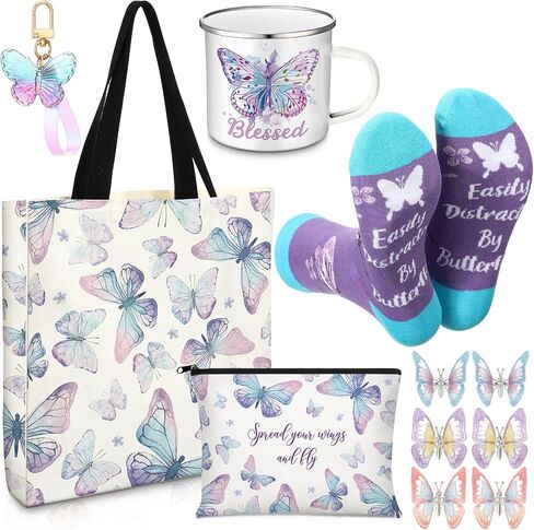 Animal Lover Gifts for Women Mother's Day Animal Themed Gifts for Mom Include Canvas Tote Bag, Makeup Bag, Socks, Keychain, Enamel Mug, Small Figurines(Butterfly) in Kuwait