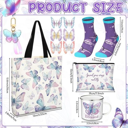 Animal Lover Gifts for Women Mother's Day Animal Themed Gifts for Mom Include Canvas Tote Bag, Makeup Bag, Socks, Keychain, Enamel Mug, Small Figurines(Butterfly) in Kuwait