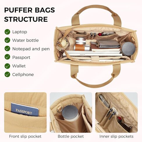 Travel Tote Bag for Women Work Puffer Laptop Crossbody Bags with Zipper Quilted Gym Tote Nylon Purse Shoulder Handbags in Kuwait