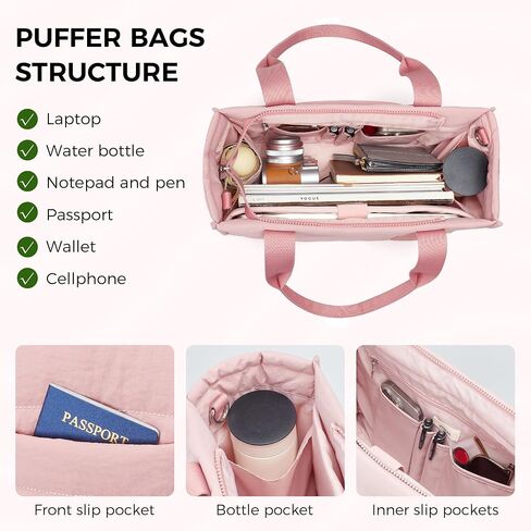Travel Tote Bag for Women Work Puffer Laptop Crossbody Bags with Zipper Quilted Gym Tote Nylon Purse Shoulder Handbags in Saudi Arabia