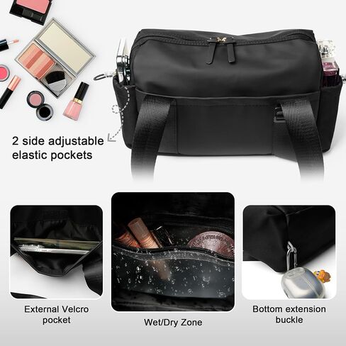 Mini Gym Bag for Women with Adjustable Wide Strap - Lightweight Waterproof Duffle & Crossbody Travel Bag with Wet/Dry Compartments, Multi-Pocket Design for Gym Clothes & Essentials（Black） in Kuwait