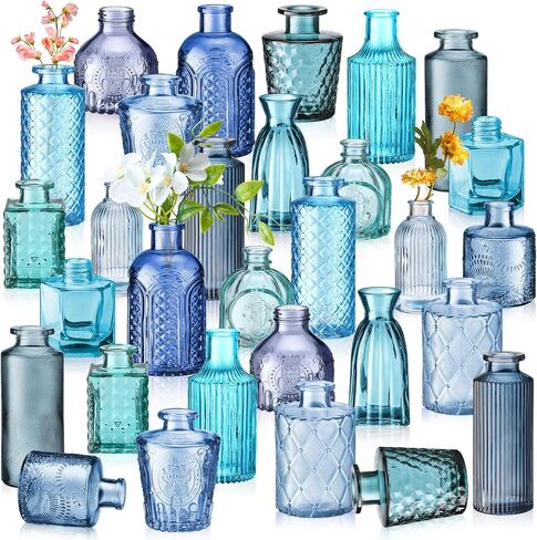 Yaomiao Vases Bulk Colored Flower Glass Vases Bud Vintage Colored Glass Bottles Colorful Rustic Embossed for Home Wedding Table Decorations Gifts (Pink Series,30 Pcs) in Saudi Arabia