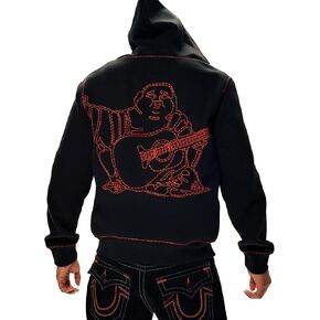 الدين الحقيقي للرجال الصوف Super T الكامل zip Hoodie - Jet Black | بوذا التطريز وخياطة التباين