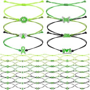 Yaomiao 36 Pcs Mental Health Awareness String Bracelets Bulk Green Awareness Adjustable Wristbands for Mental Health Month Items Gift