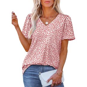 OFEEFAN T Shirts for Women V Neck Dressy Casual Blouses Puff Short Sleeve Summer Tops Loose Fit