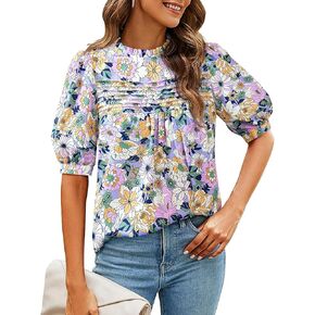 PRETTYGARDEN Floral Tops for Women Blouses Dressy Casual 2025 Summer Trendy Outfits Boho Pleated Short Sleeve Shirts