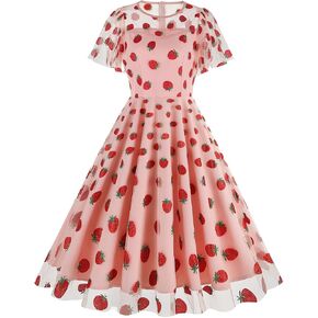 ODIZLI Women's 1950s Retro Vintage Dress Short Sleeve Round Neck Heart Print Embroidery Ruffle Mesh Swing Dress