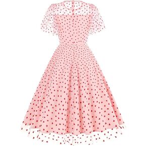 ODIZLI Women's 1950s Retro Vintage Dress Short Sleeve Round Neck Heart Print Embroidery Ruffle Mesh Swing Dress in Kuwait