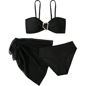 MakeMeChic Girl's 3 Piece Bikini Set Metal Ring Spaghetti Strap Bathing Suit Cover Up Skirt Swimsuit