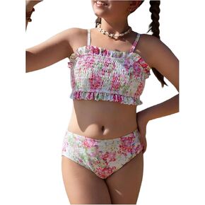 MakeMeChic Girl's Bikini Sets Floral Print Shirred Frill Trim Backless Bathing Suit