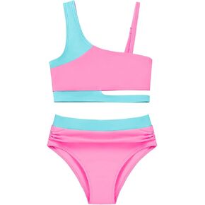 Girls 2 Piece Bathing Suits Kids Color-Blocking High Waist Bikini Set Teen Swimsuit Beach Swimwear for 3-16 Years