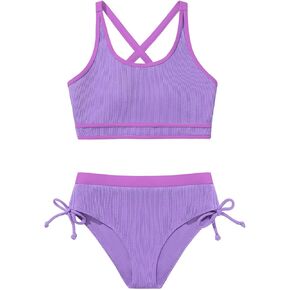 ESHOO Girls Swimsuit 2 Piece Bathing Suit Stripes Cross Swimwear with Chest Pad Teen Girls Bikini Set for 9-16 Years