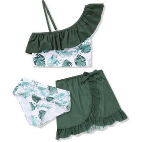 Girls Swimsuits 3 Piece Tankini Bathing Suit Set Bikini Swimwear with Cover Up Beach Skirt 7-14 Years