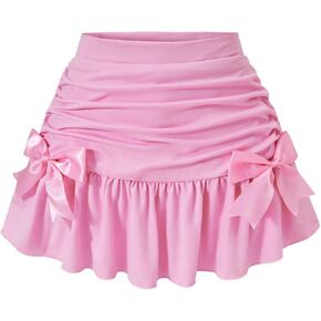 MakeMeChic Girl's Bow Mini Skirt Elastic Waist Ruched Ruffle Hem A Line Flowy Summer Skorts