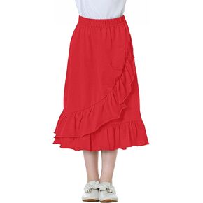 Dotdog Girls 'Tier Fulled Midi التنانير الناعمة القطن Maxi مع خصر حزام للبنات 3-12 سنة