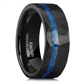 King Will 8mm Tungsten Carbide Opal Rings for Men Black Wedding Band Blue Opal inlay pressed preshed breats rings comfort fit size 7-14