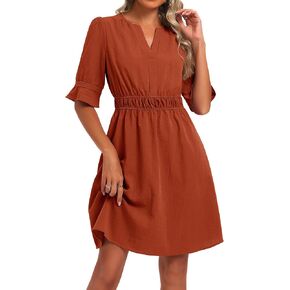 LOEMES Womens عمل عارضة قطرة الخصر Sunresses Business v الرقبة ميدي كشكش الأكمام الصلبة اللباس الصيفي تدفق مع جيوب in Kuwait