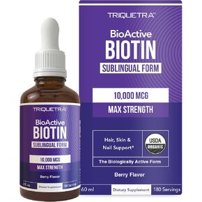 Biotin Hair Support for Women – Organic 10000mcg USP Grade – Premium Liquid Supplement for High Absorption – Supports Healthy Hair, Skin & Nails – Berry Flavor – 180 Servings – 2 oz