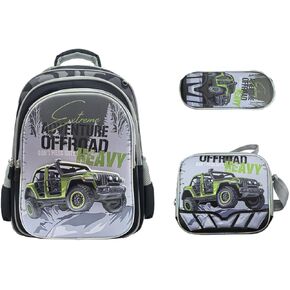School Backpacks Kid Backpacks Boys 3D Cartoon Offroad Car Bookbags with Lunch Box&Pencil Case 3pcs Boys Backpack Set