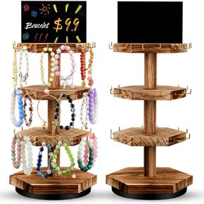 Yalikop 2 Pcs Wooden Bracelet Display Stand 3 Tier 360° Rotating Jewelry Tree stand with Advertising Board Hooks for Vendors(Brown Color,Hexagon)