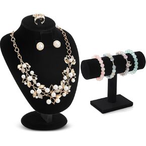2 Pcs Black Velvet Jewelry Display Set, Necklace Mannequin Bust Stand and T Bar Bracelet Holder Necklace Bracelet Bangle Ring Earrings Display Holder for Retail Shops, Boutiques, Home Decor