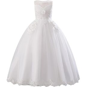 IDOPIP Flower Girl Lace Dress for Kids Wedding Pageant Formal Party Long Gown Princess First Communion Maxi Tulle Dresses