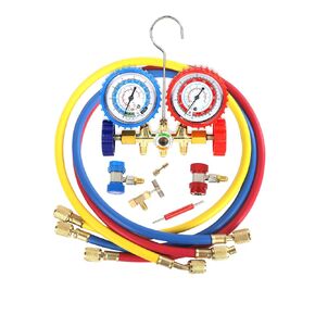 PB Motor Tech 3 Way AC Mifold Gauge مجموعة من المواد المبردات R134A و R12 و R22 و R502 مع مقرنات سريعة ، و 410 محول ، وثقب ، يمكن للقرن والصمام أداة ، لصيانة السيارات وصيانة AC المنزلية