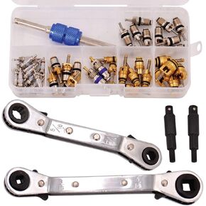 A/C Repair Starter Kit | HVAC Service Ratchet Wrenches (2) - Settings: 1/4" - 3/8" - 3/16" - 5/16" | Valve Core Assortment Set for R12 - R134a Refrigeration Leak Fix | Wrench Includes Hexagon Bits