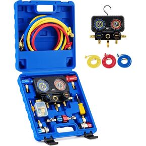 Orion Motor Tech AC Gauges, 3 Way Manifold Gauge Set for R1234yf R134a R404a Refrigerant, Automotive Gauge Set with Hoses Quick Couplers Self Sealing Can Taps for Car Freon Charging & Evacuation