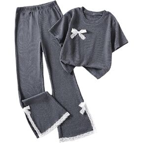 SweatyRocks Girl's 2 Piece Outfits Short Sleeve Crew Neck Lace T Shirt and Flare Pants Set