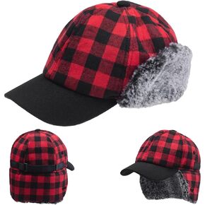 Winter Buffalo Plaid Trapper Hat Hunting hat Sherpa Ear Flaps Hunter Cap Black and Red