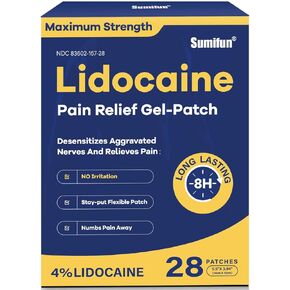 Sumifun 4% Lidocaine Patches Maximum Strength - 28 Count Pain Relief Patches for Back, Shoulder, Elbow, Knee, Muscle & Joint - Fsa Hsa Approved Products Only - Maximum Strength Lidocaine