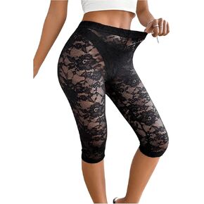 WDIRARA Women's Floral Lace Sheer Mesh Skinny Leggings Elastic High Waisted Sexy See Through Pants
