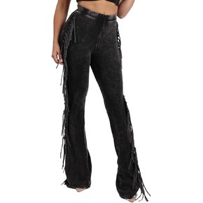 KANSOON Flare Leggings for Women Fringed Side Tassels Acid Wash High Waist Stretchy Skinny Bell Bottom Pants Sweatpants