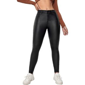 Faux Leather Stretchy Skinny Jeggings Coated Faux Leather Legging Pants Mid Waisted with Pockets