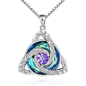 Distance Celtic Birthstone Necklace for Women, 925 Sterling Silver Trinity Knot Triquetra Austria Crystal Pendant, Birthstone Necklace Birthday Mother's Day Irish Scottish Gifts for Her
