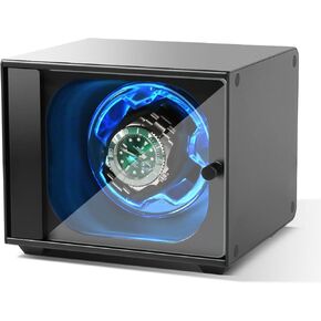 Watch Winder,Single Automatic Watch Winder with AC Adapter, Aluminum Alloy, 4 Rotation Modes,Blue LED, Side Open Glass Door, Great Gift for Watch Collector