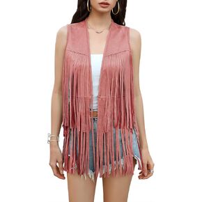 Kojooin Women's Fringe Fest 70s Hippie Faux Suede المسامير الأزياء بلا أكمام