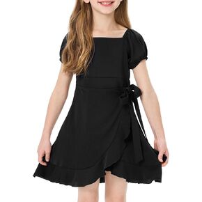 Girls Summer Bubble Sleeve Midi Dress with Ruffled Hem Square Neck Casual Flowy Sundress
