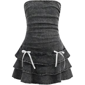 Milumia Girl's Ruched Denim Tube Dress Bow Knot Tiered Layered Short Dresses