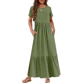 YOVION Girls Summer Maxi Dress Short Sleeve Crew Neck Casual Loose Flowy Tiered Dresses with Pockets for 6-12 Y