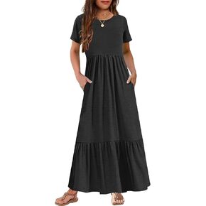 YOVION Girls Summer Maxi Dress Short Sleeve Crew Neck Casual Loose Flowy Tiered Dresses with Pockets for 6-12 Y in Kuwait