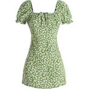Girl's Boho Summer Dress Floral Short Sleeve Square Neck Cute A Line Mini Short Spring Dresses