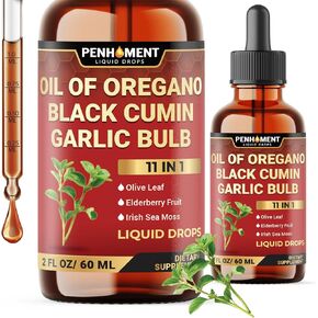 11in1 Oil of Oregano Drops with Black Seed, Vitamin D3 & K2, Garlic, Olive Leaf, Elderberry, Sea Moss, Ashwagandha & Ginger - Immune Support - 2 Fl Oz - 60 Days
