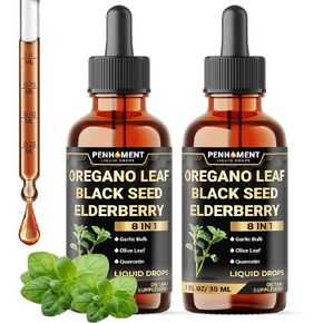 8in1 Oregano Oil Liquid Drops with Black Seed Oil, Garlic, Elderberry, Olive Leaf, Quercetin, Bromelain & Black Pepper - 2 Packs of 1 Fl Oz
