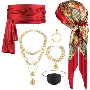 6PCS Pirate Costume Set,Women Pirate Accessories Head Scarf Sash Necklace,Halloween Outfit Accessories for Adult Cosplay Party