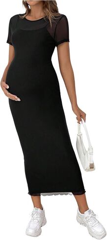 MakeMeChic Women's Maternity Dress Mesh Short Sleeve Bodycon Pregnancy Maxi Dresses in Saudi Arabia
