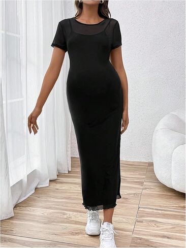 MakeMeChic Women's Maternity Dress Mesh Short Sleeve Bodycon Pregnancy Maxi Dresses in Saudi Arabia